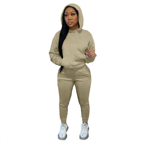 Khaki Women Winter Outfits 2 Two Piece Sets Joggers Suit Hooded Activewear Solid Hoodies Sweatpants