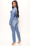 Slim Fit Washed Denim Jumpsuit with Pockets