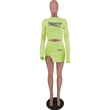 Solid Color Pale Green Printed Letter Slit Skirt Set for Women