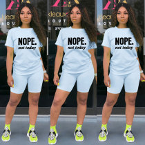 Casual Pale Blue Short Sleeve Knit Print Sportswear Shorts Set Two Piece