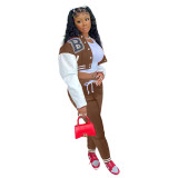 Brown Single-breasted Letters Printed Colorblock Jacket Sports Baseball Uniform Suit with Pockets