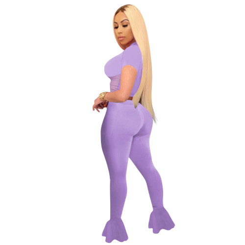 Solid Color Mesh Splicing Flared Pants Set