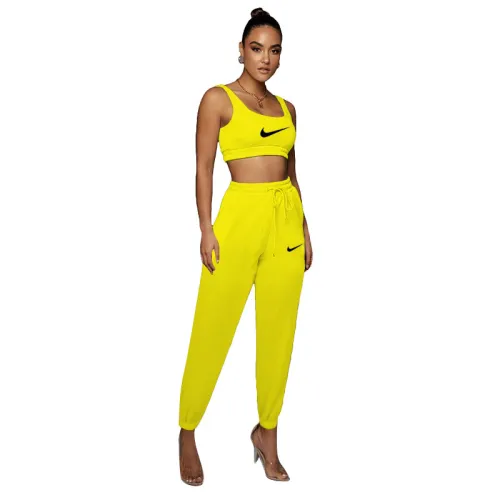 Solid Color Printed Sports Vest and Trousers Two Piece Pant Set