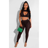 Black Sexy See Through Mesh Stitching Sleeveless Crop Top and Trousers