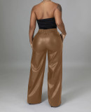 Women's Faux Leather Wide Leg Pants Vintage High Waist PU Leather Palazzo Pants