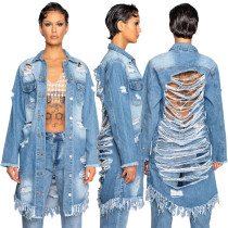 Women's Fashion Ripped Fringed Long Sleeve Trench Denim Long Cardigan