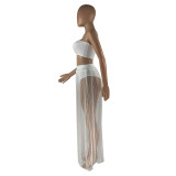Solid Color Mesh Wrapped Top Hollow Pant and Perspective Long Skirt