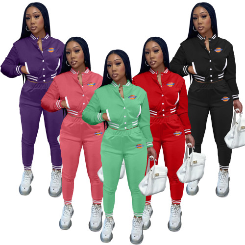 Solid Color Women's Pink Jacket Suits Single-breasted Long lSeeve Baseball Uniform Two Piece