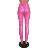 Solid Color Pink Women Wrinkle PU Leather Sexy Shiny Pants