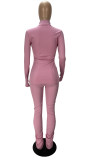 Solid Color Pink Ribbed High Neck Stacked Lounge Wear Sets Women