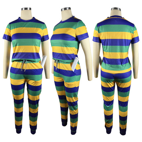 Casual Sweat-absorbing Striped Printed Round Neck Short Sleeve Trouser Set