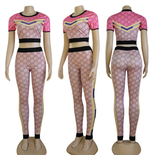 Fashion Slim Women's Printed Short Sleeve Crop Top Two Piece Set