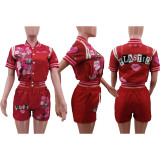 Fashion Casual Printed Baseball Uniform Short Sleeve 2 Piece Outfits