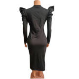 Sexy Black Zipper Puff Sleeve Plus Size Women Mid Dresses