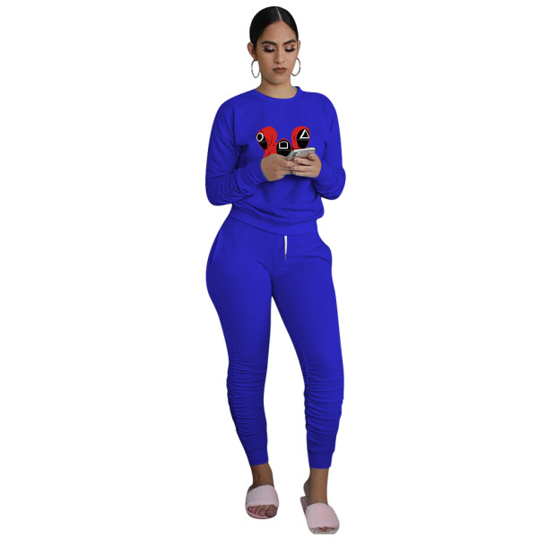Trend New Royal Blue Squid Game Mask Man Printed Sports Two Piece Ruched Pants Set