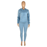 Autumn Winter Thick Drawstring Jogger Two Piece Light Blue Sweatpants and Hoodie Set