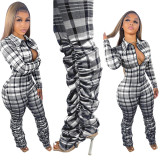 Casual T-shirt Collar Plaid Print Wrinkle Zip Jumpsuit