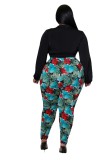 Plus Size Long Sleeve Bandage Shirt + Printed Pants 2 Piece Sets