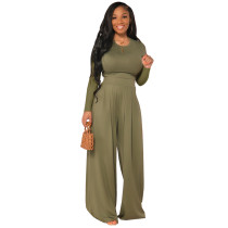 Solid Color Long Sleeve Blouse and Wide-leg pants For Autumn