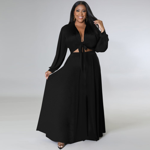 Black Plus Size Loose Long Sleeve Swing Skirt Set