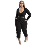Black Casual Solid Bandage Patchwork V Neck Plus Size Two Pieces Pant Set
