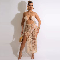 Apricot Solid Color Summer Elastic Fringed Side Slit Halter Beach Long Dresses