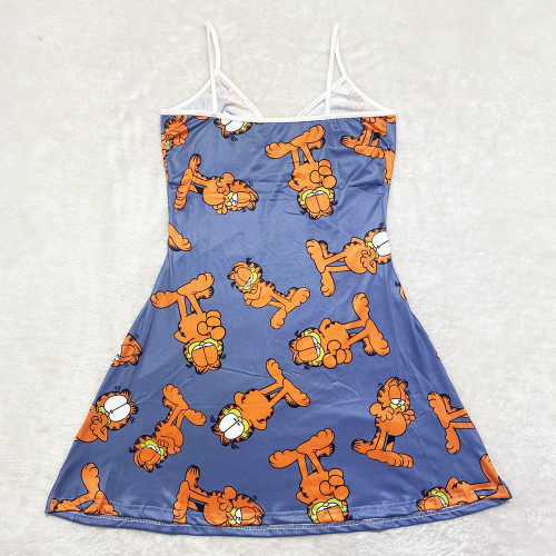 Sexy Loungewear Summer Cartoon Pattern Printed Spaghetti Strap Homewear Dress