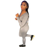 Womens Fall Clothing 2021 Grey Zipper Drawstring Hoodie Pant Set