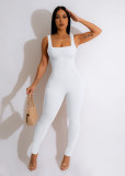 Solid Color Ribbed Sleeveless Square Neck Backless Tank Jumpsuit