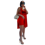 Summer Red Printed Loose Sleeveless Long Vest Top Shorts Set