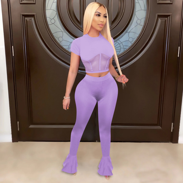 Purple Women Fitness Mesh Stitching Clothing Wear Flared Trousers Women Set