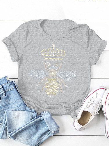 Casual Grey O Neck Crown Ant Hot Drill T-shirt Tops