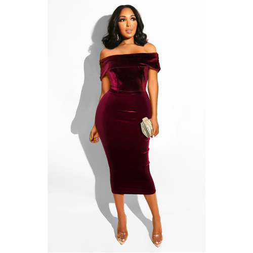 Womens Velvet Long Sleeve Midi Dress Sexy Off Shoulder Bodycon Wrap Cocktail Party Dresses