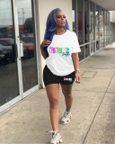 Casual Solid Color Graphic Print Short Sleeve Shorts 2 Piece Set