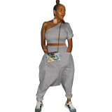 Solid Color Gathered Sloping Top Harem Pants Set with 2 Pockets