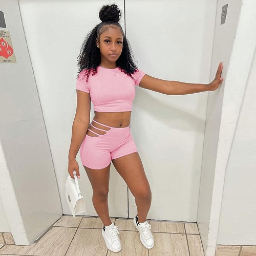 Summer Hollow Out Women 2 Two Pieces Set Fashion Short Sleeve Crop Tops Shorts Sets