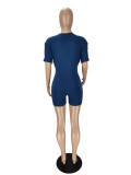 Blue Casual Hip Hop Printed Split Fringe Short Sleeve T-Shirt Rompers