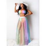 Sexy Printed Gradient Colorful Wrap Mesh Long Hakama Skirt Two Piece Set