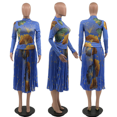 Fashion Printed Long Sleeve Top & High Waist Pleated Skirt 2 Piece Sets