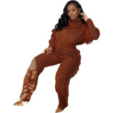 Winter Turtle Neck Cable Knit Sweater And Tasseled Pants Set