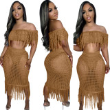 Sexy Perspective Knitted Hook Tassel Off Shoulder Beach Suit