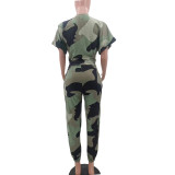 Plus Size Pierced Camouflage Print Two Piece Sets