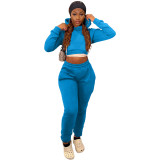 Winter Sports Long Sleeve Two Piece Hoodie Bandage Sweatpant Lake Blue Set For Women