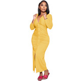 Solid Color V Neck Ruched Maxi Dress