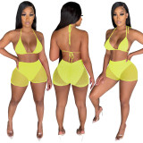Summer Yellow Beachwear Sexy Mesh Sequined Two Piece Short Set