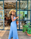 Sky Blue Casual Solid Pleated Mid Waist Wide Leg Pants