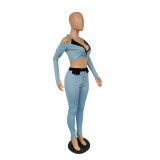 Color Block Patchwork Matching Women 2 Piece Set Spaghetti Strap Backless Crop Top & Buttons Up Pencil Trouser