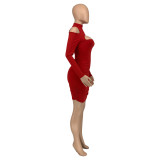 Autumn Casual Solid Red Cold Shoulder Thread Pit Pleated Club Dress with Hollow