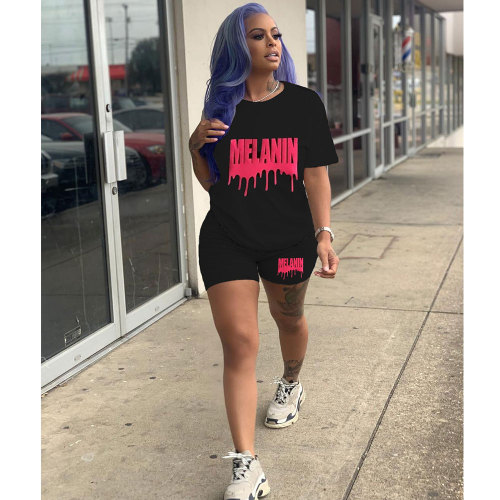 Casual Solid Color Graphic Print Short Sleeve Shorts 2 Piece Set