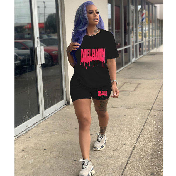 Casual Solid Color Graphic Print Short Sleeve Shorts 2 Piece Set